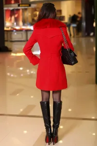 Manteau en laine rouge pour femme automne hiver long trench avec col en fourrure ceinture