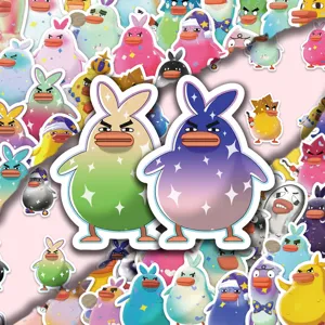 Cute cartoon duck stickers pack, waterproof vinyl decals for laptop, water bottle, and luggage.