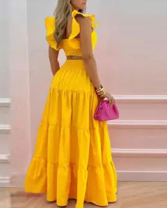 Damen Gelbes Rüschen Crop Top Und Langes Gestuftes Maxi Rock Zweiteiliges Set Sommer Outfit