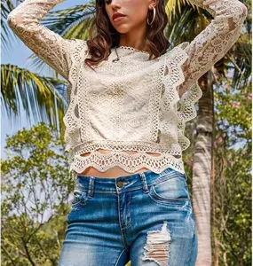 Sexy sheer lace long sleeve crop top for women casual fashion summer outwear clothing