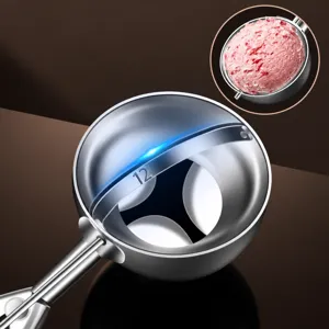 Stainless steel ice cream scoop with trigger release mechanism for professional kitchen use.