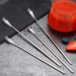 Stainless steel long handled milk powder stirring spoon for baby feeding and daily beverage mixing.