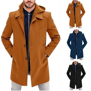 Men's hooded wool blend trench coat fake two piece casual winter jacket outerwear.