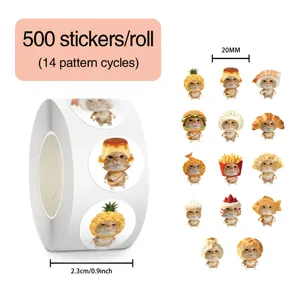 Cute cat food stickers roll, 500 pcs per roll, 14 patterns, decorative sealing tape.