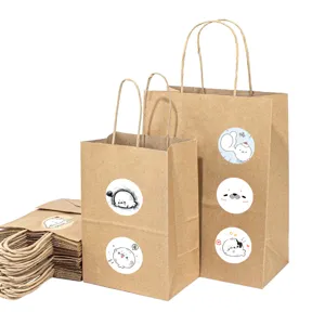 Kraft paper gift bags with cute cartoon seal stickers, ideal for packaging and journaling.