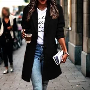 Detailed close-up shot of women black wool blend long blazer coat in street style outfit