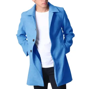 Detailed view of men blue wool blend long trench coat with single breasted design.