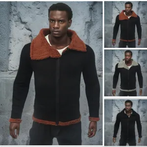 Men's thickened faux shearling mid-length suede jacket detail view showing classic design.