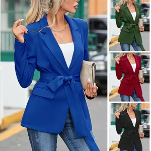 Chaqueta blazer casual de mujer con manga larga solapa y cinturón elegante de otoño.