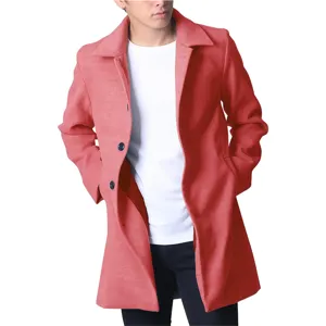 Men's mid-long woolen overcoat single-breasted jacket stylish winter outerwear apparel detail.
