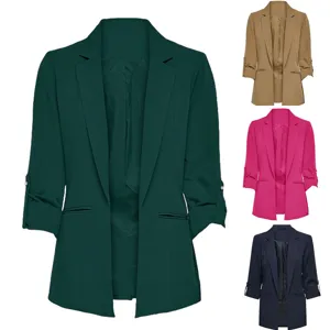 Details of the women casual open front blazer cardigan showing fine fabric and multi colors.