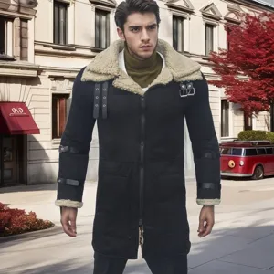 Men's winter thickened suede trench coat with artificial fur collar and stylish buckle details.