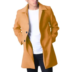 Men camel wool coat detail view, classic lapel, single breasted design, quality fabric.
