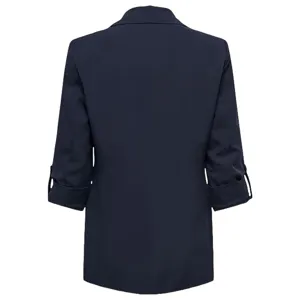 Women casual navy blue blazer jacket detail view, elegant professional outerwear for work.