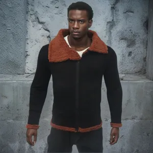 Detailed shot of men's thick faux fur collar suede jacket, stylish winter outerwear.