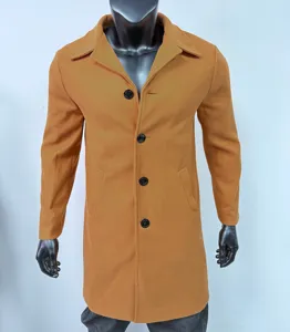 Classic men's single-breasted wool blend overcoat in camel, mid-length trench coat style.