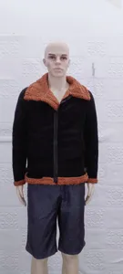 Detailed view of men thickened suede jacket with contrast fuzzy lapel, zipper closure and hem.