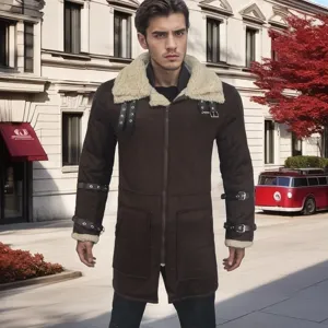 Men's winter thick suede artificial wool trench coat with lapel and chic buckle details.
