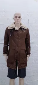 Mens brown winter suede shearling coat thickened lapel jacket with buckles detailed close-up shot