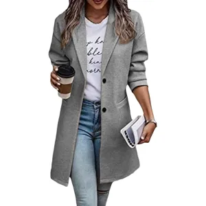 Womens grey lapel wool blend coat long sleeve casual outerwear for autumn and winter fashion.