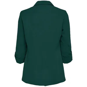 Solid dark green women's casual blazer jacket, notched lapel, professional workwear.