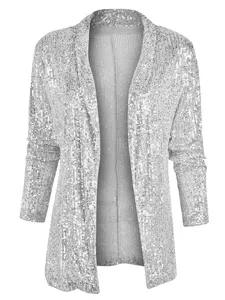 Blazer cardigan à sequins argentés, veste décontractée élégante pour soirée et quotidien.