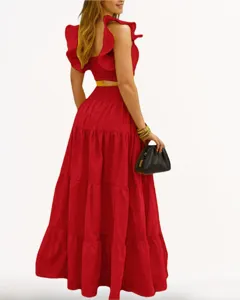 Rotes rüschencrop-top und maxirock zweiteiler set, sexy französischer stil damen outfit.