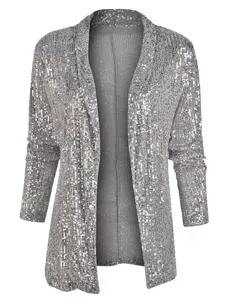 Veste blazer femme sequins argentés ouvert devant manches longues cardigan élégant manteau