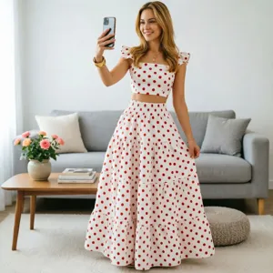 Elegantes rotes Pünktchen Zweiteiler-Set mit Rüben-Crop-Top und gestufter Maxirock.