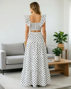 Französischer Stil Polka Dot Zweiteiler Crop Top und gestufter Maxirock Set elegante Damen