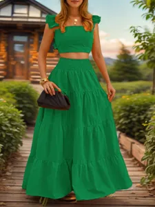 Damen gruen einfarbig rüschen crop top und gestufter langer rock zweiteiler set