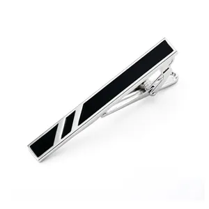 Men's silver metal tie clip with black geometric enamel stripe detail for business suit.