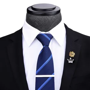 Men's blue striped zipper tie detailed view featuring stylish tie clip and two lapel pins.