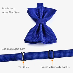 Blue textured bow tie detail showcasing adjustable buckle, clasp mechanism and precise dimensions.