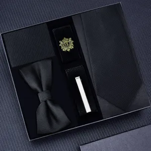 Luxe heren zakelijke zwarte das set met vlinderdas pochet manchetknopen geschenkdoos