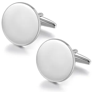 Silver metal round cufflinks detail close up, polished finish for men formal dress shirts.