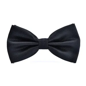 Detail shot of men's black textured double layer bow tie showing fabric grid pattern close-up.