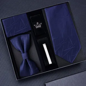 Luxe heren zakelijke formele donkerblauwe das pochet vlinderdas manchetknopen set
