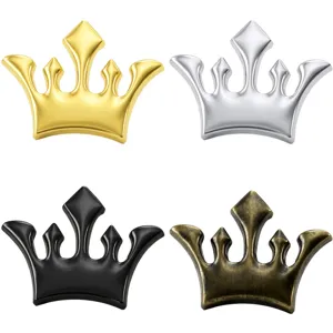 Metal crown brooch detail shot, four color options including gold, silver, black, and bronze.