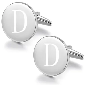 Silver tone metal round cufflinks with engraved letter D design for men formal business shirts.