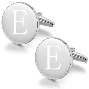 Classic silver-tone metal round initial letter E engraved men business shirt cufflinks accessory