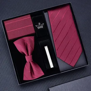 Gedetailleerd overzicht van bordeauxrode heren stropdas set met vlinderdas, pochet en dasclip.