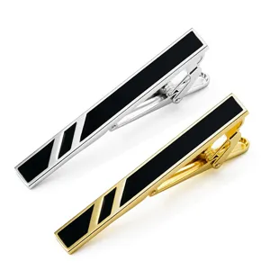 Men's classic business metal tie clip set with black enamel stripe design for formal wear.