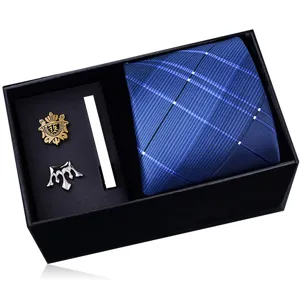 Men's blue plaid necktie gift box set with metal tie clip and lapel pins business.