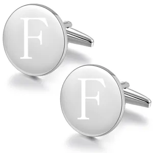 Silver round metal cufflinks featuring detailed laser engraved letter F monogram design.