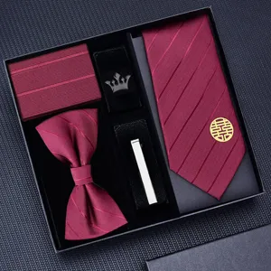 Dettaglio del set cravatta da uomo bordeaux, con papillon testurizzato e clip per cravatta.