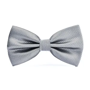 Detailed closeup of the elegant silver grey grid bow tie showing fine fabric texture.