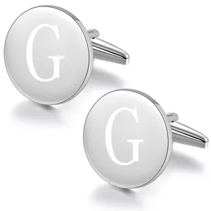 Silver tone round initial G engraved cufflinks for men formal business dress shirts accessory.