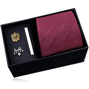 Men's tie gift set featuring a burgundy striped necktie, gold crest brooch, and silver tie clip.