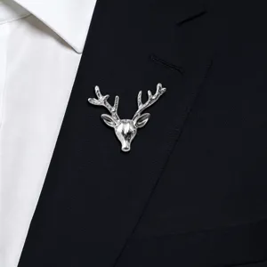Silver deer head brooch for men, elegant suit lapel pin, perfect wedding suit boutonniere accessory.